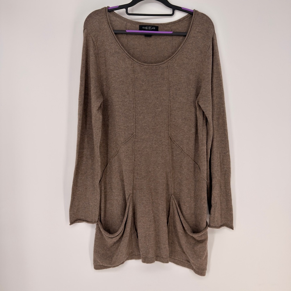 August Silk Tunic Sweater Womens Medium Brown‎ Pocket Long Sleeve Boho Lagenlook